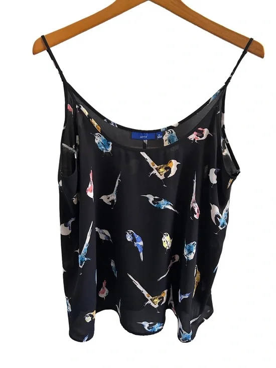🐦‍⬛ Apt. 9 Pretty Black Floral Print Cami with Blue and Yellow Bird Accents XL - Picture 2 of 5